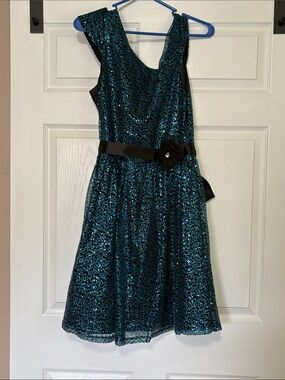 Deb Teal Sequin A-Line Dress with Black Sash